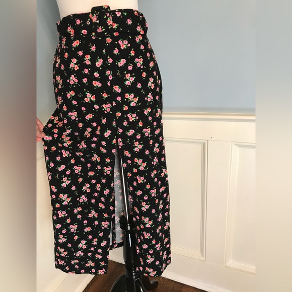 NWT Zara Straight Black Floral Midi Skirt with Belt and Front Slit - Picture 3 of 8